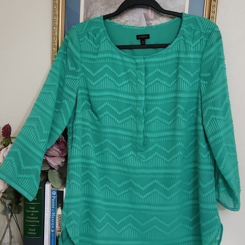 Green Knit Talbots Blouse Sheer sleeve Abstract Pattern Medium career party - Picture 8 of 8